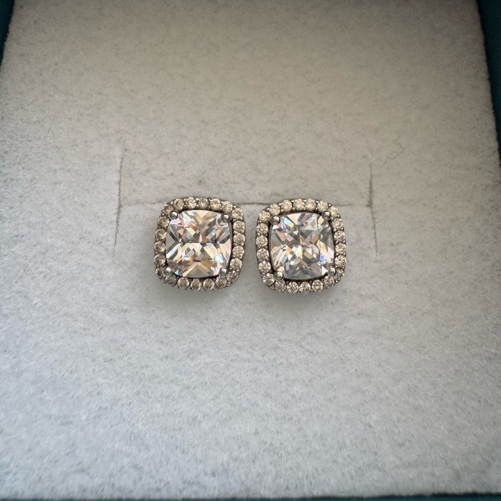 Vintage Sterling Silver Cushion Cluster Halo Stud Earrings